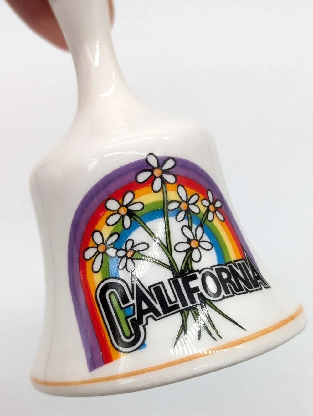 Vintage California White Rainbow Daisy Floral Ceramic Souvenir Bell